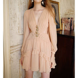 Plataz South Oil Flower Diamond Luo Waist Deep V Dress Gentle Flowing Short Dress 2024 New
