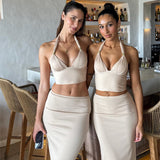 Plataz Summer 2025 New Two-Piece Suit In Temperament Metal Decoration Hanging Neck Skirt Suit Woman DJPT