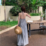 Plataz Retro Hanging Neck Stripe Sling Dress Women Summer Sexy Bare Back Strap Long Skirt Loose A Word Skirt