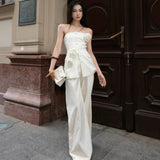 Plataz Sanguan White Rose Set 2024 New Single-Breasted Breast-Wear Flower Top High-Waisted Broad Leg Trousers