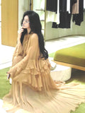Plataz Cooked Wind Kaqi Color Lotus Leaf Side Horn Sleeve Topsuit 2024 Autumn New Temperament Drag Floor Skirt