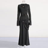 Plataz Temperament Famous Wind Style T-Shirt Dress 2025 Spring New Round Collar Kinesge Metal Buckle Folded Knitted Dress Woman