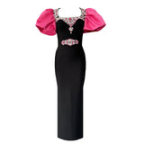 Plataz New Heavy Industry Diamond-Stuffed Temperament Rose Red Bubble Sleeve Banded Dress Banquet High-End Evening Dress