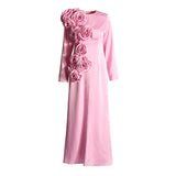 Plataz Wind Party Dress 2025 Summer New Round Neck Side Three-Dimensional Flowers Decorated Solid Color Repair Dress Dress Woman