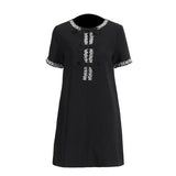 Plataz Diamond Drill Skirt 2025 Summer New Round Neck Short Sleeves Solid Color Waist Dress Dress Woman