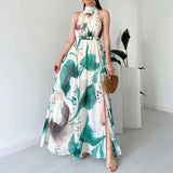 Plataz Women's Summer Hanging Neck High Waist Repair Sexy Graffiti Lace Open Dress