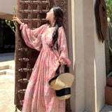 Plataz And Autumn 2024 New Pink Long-Sleeved Broken Flower V-Neck Dress To Close The Waist Lantern Sleeve Holiday Beach Skirt