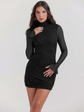 Plataz Fashion Sexy Round-Neck Long-Sleeved Perspective Solid-Color Bag Hip Short Dress