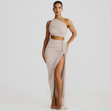 Plataz Irregular Shoulder Wrinkled Chest Skirt Woman 2025 Summer New Sexy Bare-Backed Rope Open Fork Dress HZ0628