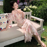 Plataz Bubble Sleeve Chiffon Flower Hanging Dress Women Summer Seaside Holiday Super Fairy Long Dress