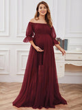 Plataz Dress Short Sleeves Solid-Colored Pregnant Women's Dress Tulle Long Pregnant Dress Maternity
