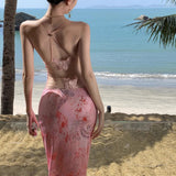 Plataz Girl Sexy Temperament Butterfly Sling Dress Fashionable Holiday Style Splicing Big Bare Back Hanging Neck V Collar Bag Buttice Skirt