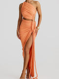 Plataz Irregular Shoulder Wrinkled Chest Skirt Woman 2025 Summer New Sexy Bare-Backed Rope Open Fork Dress HZ0628