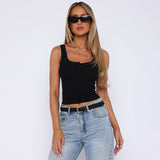 Plataz Women's 2024 Summer New Square Necker Sling Bottom Solid Color Button Top DJPT