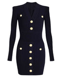 Plataz Autumn And Winter Pa Family Fashion Famous Woman Goddess Metal Buckle V-Neck Black Thin Knitted Dress
