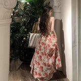 Plataz Seaside Holiday Chiffon Crumped Flower Dress Bare Back Empty Strap High Waist Open Large Swing Dress Girl