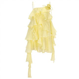 Plataz Holiday Wind Sweet Layer Wave Dress Lotus Leaf Side With Flower Sling Skirt 2024 New