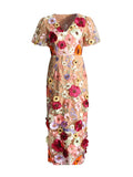 Plataz Court Style 2025 Summer New V-Neck Bubble Sleeve Embroidered Three-Dimensional Flower Pencil Dress Female