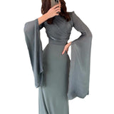 Plataz And Autumn 2024 Solid Color Splicing Big Swing Sleeve Collar Body Repair Dress Dress