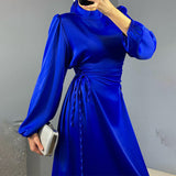 Plataz Women's New Round-Neck Lantern Sleeve Dress Side Belt With Body-Repair Dress Dress