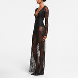 Plataz Women's Deep V Lace Splicing Line Bottom Sexy Long Dress DJPT