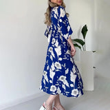 Plataz Women's Summer V-Necked Print Skirt High Waist-Comfort Temperament Open-Broken Flower Dress
