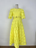 Plataz Spring And Summer Embroidery Hollow Round Horn Short Top + Holiday Water-Soluble Lace Skirt Dress Suit