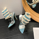 Plataz Sexy Denim Cloth Snake-Shaped Spring Tip Slender Heel Sandals Lazada Women Sandals High Quality Shoes