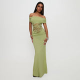 Plataz Women's Spring And Summer New Solid Color Open Shoulder Splicing Lace Super Long Dress Woman DJPT
