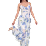 Plataz Women's Summer Sling Dress Crumped Floral Skirt High Waist Quality Fairy Holiday Dress
