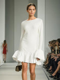 Plataz Elegant Style Dress Women's 2025 Spring New Simple High-End Collar Collar Horn Sleeve Knitted Pure Color Skirt