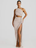 Plataz Irregular Shoulder Wrinkled Chest Skirt Woman 2025 Summer New Sexy Bare-Backed Rope Open Fork Dress HZ0628