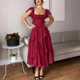 Plataz Dress Holiday Dress Lace Side Hollow Cake Dress Lotus Leaf Folding Long Dress