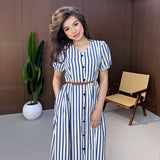 Plataz Solid-Color V-Neck Short-Sleeved Multi-Button Belt Casual Dress In Autumn 2025