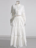 Plataz Famous Wind 2025 Summer New Lace Collar Long Sleeves Bare Waist Shirt High Waist Half Dress Solid Two Sets