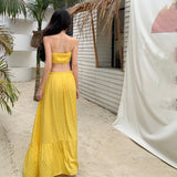 Plataz Seaside Resort Style Sexy Folded Blouse Blouse Swing Half-Dressed Two-Piece Suit Woman