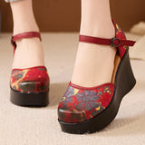 Plataz Real Leather National Style Print Ultra-High With Idyllic Wind Thick Bottom Retro College Style Buckle Sandals High Quality Shoes