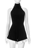 Plataz Women Decorate Sleeveless Hanging Neck Collage Splicing Lotle Leaf Side Shorts Splicing DJPT