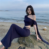 Plataz Sexy Seaside Travel Holiday Wind Inclined Shoulder Tightbage Bag Hip Fishtail Skirt Two Sets Early Autumn Wear