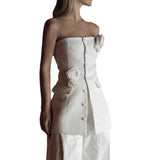 Plataz Sanguan White Rose Set 2024 New Single-Breasted Breast-Wear Flower Top High-Waisted Broad Leg Trousers