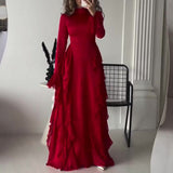 Plataz Women's Clothing Autumn 2024 Round Collar Horn Sleeve Temperament High-Waisted Splicing Tie With Dress Woman