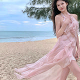 Plataz Super Fairy Lotus Side Seaside Holiday Dress Pure Sexy Hanging Back Open Fork Dress Female Dress