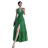 Plataz V-Necked With Hanging Neck Dress Female Seaside Holiday Sexy Bare Back Open Fork Showing Lean Long Skirt