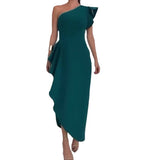 Plataz Summer Slanted Shoulder Dress High-Waist Irregular Open Fork Sexy Long Dress Girl