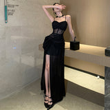 Plataz Black Sling Dress Woman Summer Niche High-Sensance Hottie Open Fork Long Skirt