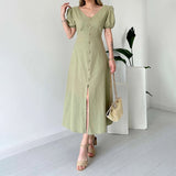 Plataz Women's Summer French V-Neck Bubble Bubble Sleeve High Waist Open Temperament With Long Dress