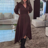 Plataz Women's Autumn V-Neck Long-Sleeved Collar With Irregular Dress