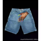 Plataz Hip-Hop Trend Pattern Print Denim Shorts Men's High Street Trendy Couple Casual Five-Point Pants DJPT