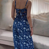 Plataz Summer New Leisure Holiday Blue Print Retro Bare Back Double Strap Sling Skirt