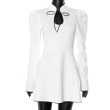 Plataz Women's Collar Bubble Sleeve Tie Bumping Waist A Elegant Skirt DJPT